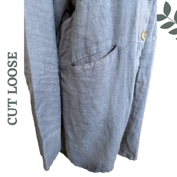 Cut Loose Blue Button-Front Linen Jacket Front Pockets Drawstring Back Large - Picture 4 of 9
